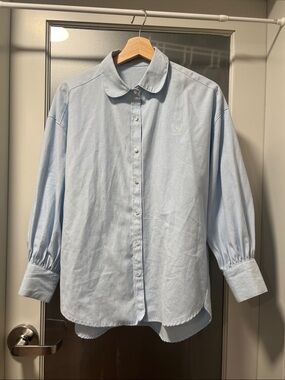 Light Blue Women's Button-Up Shirt Puff Sleeves
